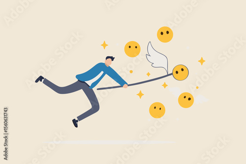 Pursuit of happiness, finding true life success, positive thinking or optimistic, feeling bless, humor or joyful concept, cheerful man catch smiling face with butterfly net metaphor of happiness.