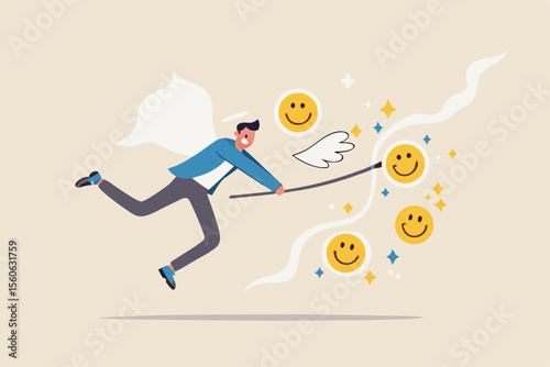 Pursuit of happiness, finding true life success, positive thinking or optimistic, feeling bless, humor or joyful concept, cheerful man catch smiling face with butterfly net metaphor of happiness.