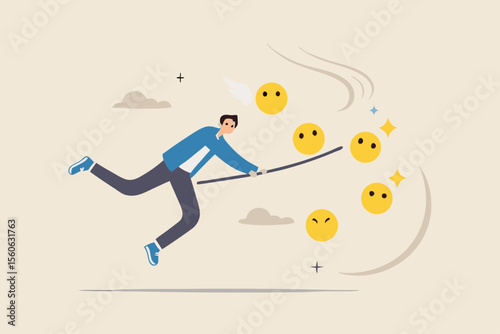 Pursuit of happiness, finding true life success, positive thinking or optimistic, feeling bless, humor or joyful concept, cheerful man catch smiling face with butterfly net metaphor of happiness.