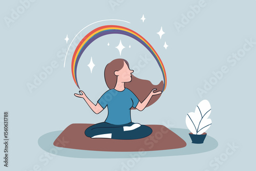 Mindfulness or meditation for mental wellness, spiritual or peaceful lifestyle, focus and concentration, yoga or mind balance concept, mindfulness woman lotus sitting with calm and positive mind.