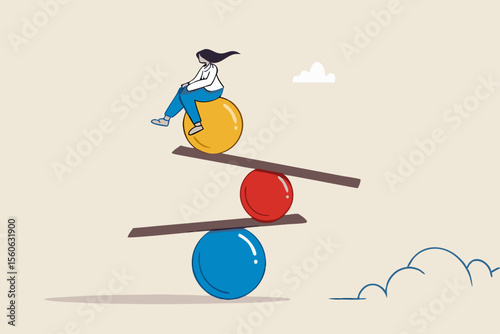 Work life balance, equality or weight between working for money and life happiness, health, success and healthy lifestyle concept, woman working with computer laptop while balance on equilibrium.