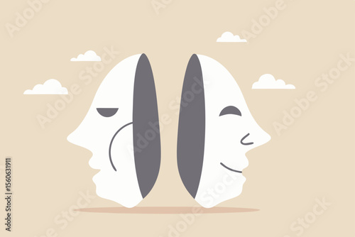 Bipolar disorder, multi personality or emotional intelligence, change feeling or mood, anxiety disease or depression concept, disguise mask face with one happy smiling and other sad and sorrowful.
