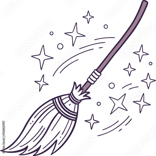 Black vector silhouette illustration of a witch flying on a broom, a simple art design symbol