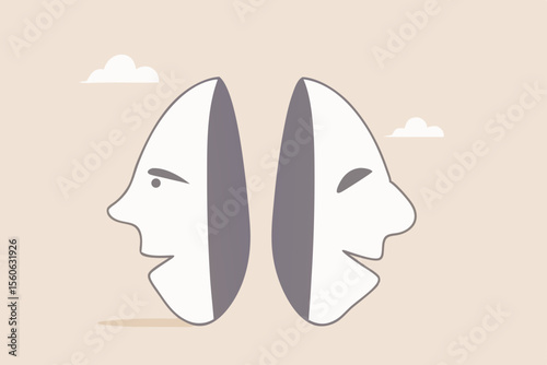 Bipolar disorder, multi personality or emotional intelligence, change feeling or mood, anxiety disease or depression concept, disguise mask face with one happy smiling and other sad and sorrowful.