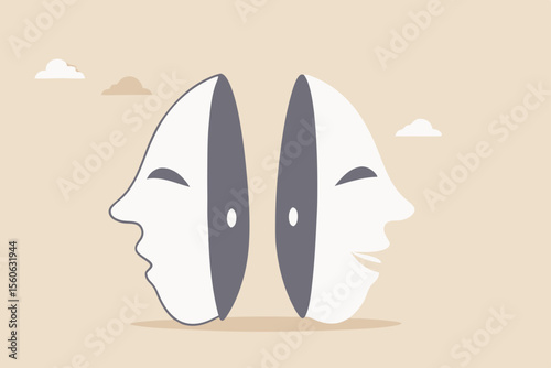 Bipolar disorder, multi personality or emotional intelligence, change feeling or mood, anxiety disease or depression concept, disguise mask face with one happy smiling and other sad and sorrowful.