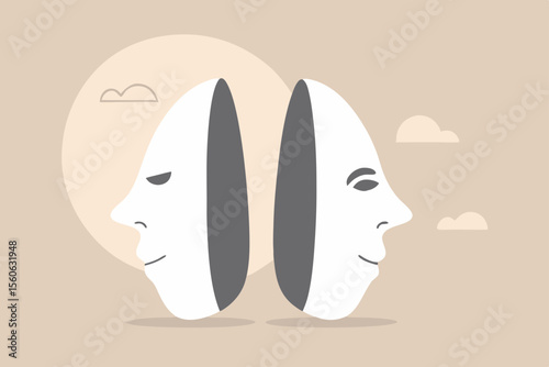 Bipolar disorder, multi personality or emotional intelligence, change feeling or mood, anxiety disease or depression concept, disguise mask face with one happy smiling and other sad and sorrowful.
