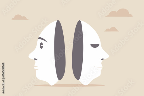 Bipolar disorder, multi personality or emotional intelligence, change feeling or mood, anxiety disease or depression concept, disguise mask face with one happy smiling and other sad and sorrowful.