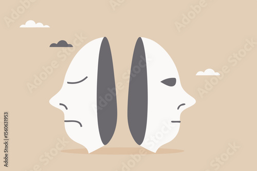 Bipolar disorder, multi personality or emotional intelligence, change feeling or mood, anxiety disease or depression concept, disguise mask face with one happy smiling and other sad and sorrowful.