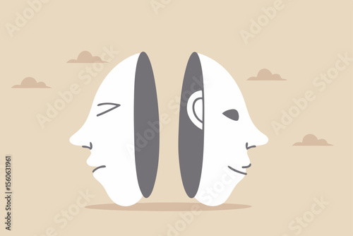 Bipolar disorder, multi personality or emotional intelligence, change feeling or mood, anxiety disease or depression concept, disguise mask face with one happy smiling and other sad and sorrowful.