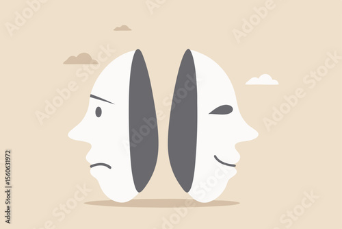 Bipolar disorder, multi personality or emotional intelligence, change feeling or mood, anxiety disease or depression concept, disguise mask face with one happy smiling and other sad and sorrowful.