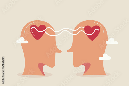 Empathy, sympathy, caring or share feeling to support other, understanding or kindness to help, social support or emotional intelligence concept, people head with heart sharing feeling with empathy.