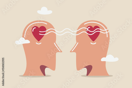 Empathy, sympathy, caring or share feeling to support other, understanding or kindness to help, social support or emotional intelligence concept, people head with heart sharing feeling with empathy.