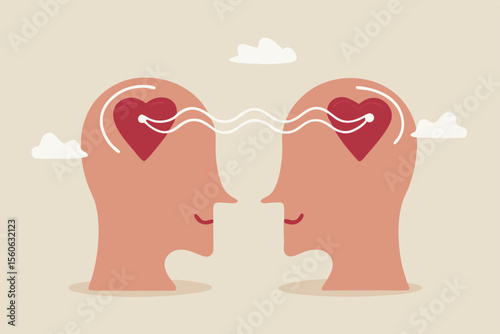 Empathy, sympathy, caring or share feeling to support other, understanding or kindness to help, social support or emotional intelligence concept, people head with heart sharing feeling with empathy.