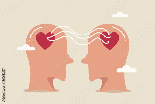 Empathy, sympathy, caring or share feeling to support other, understanding or kindness to help, social support or emotional intelligence concept, people head with heart sharing feeling with empathy.