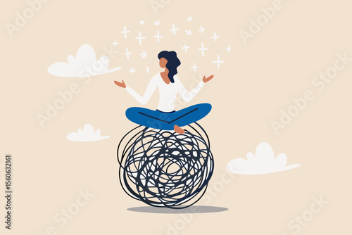 Stress management, meditation or relaxation to reduce anxiety, control emotion during problem solving or frustration work concept, woman in lotus meditation on chaos mess line with positive energy.