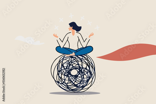 Stress management, meditation or relaxation to reduce anxiety, control emotion during problem solving or frustration work concept, woman in lotus meditation on chaos mess line with positive energy.