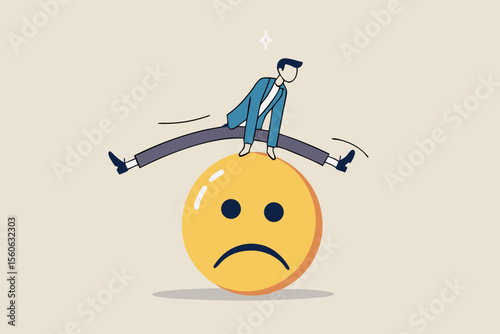 Overcome stress and anxiety, emotional problem, uncertainty or worried about work, depression or mental illness, sad and stressful concept, businessman jump over sad and negative emotion face.