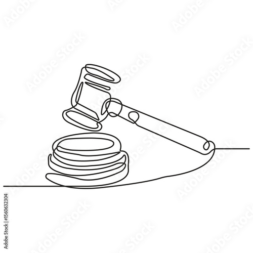 Minimalist One Line Drawing of a Judge's Gavel and Sound Block, Simple Continuous Line Illustration Representing Law, Justice, Court Decisions, Legal System, and Authority.