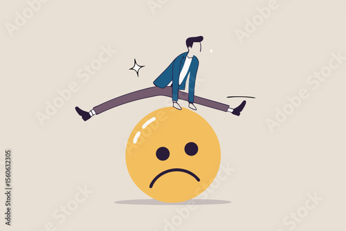Overcome stress and anxiety, emotional problem, uncertainty or worried about work, depression or mental illness, sad and stressful concept, businessman jump over sad and negative emotion face.