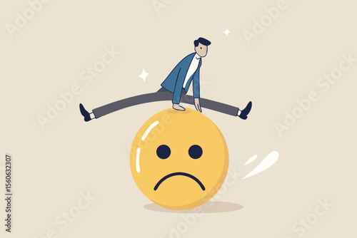 Overcome stress and anxiety, emotional problem, uncertainty or worried about work, depression or mental illness, sad and stressful concept, businessman jump over sad and negative emotion face.