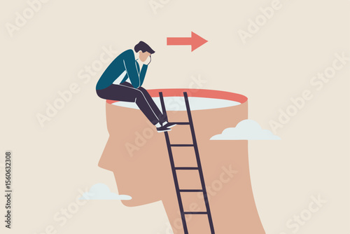 Psychology, mindset or thinking process, thought or imagination, wisdom or intelligence brain, solving problem or mental and emotional concept, contemplation thinking man climbing to sit on his brain.