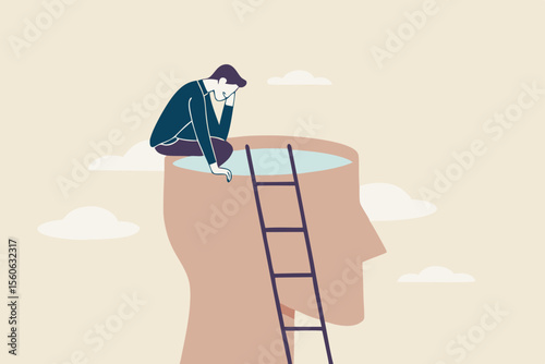 Psychology, mindset or thinking process, thought or imagination, wisdom or intelligence brain, solving problem or mental and emotional concept, contemplation thinking man climbing to sit on his brain.