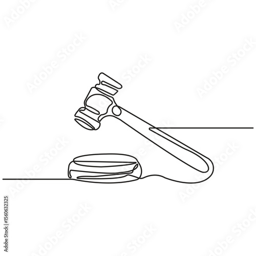 Minimalist One Line Drawing of a Judge's Gavel and Sound Block, Simple Continuous Line Illustration Representing Law, Justice, Court Decisions, Legal System, and Authority.