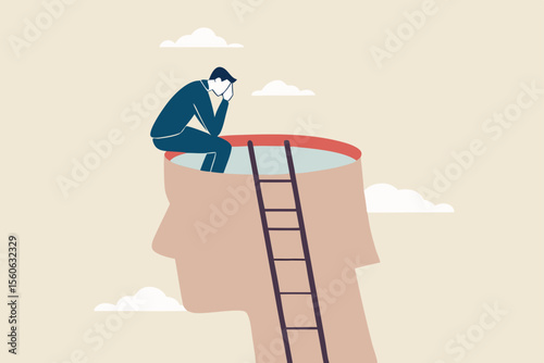 Psychology, mindset or thinking process, thought or imagination, wisdom or intelligence brain, solving problem or mental and emotional concept, contemplation thinking man climbing to sit on his brain.