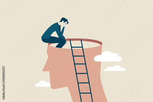 Psychology, mindset or thinking process, thought or imagination, wisdom or intelligence brain, solving problem or mental and emotional concept, contemplation thinking man climbing to sit on his brain.