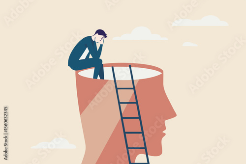 Psychology, mindset or thinking process, thought or imagination, wisdom or intelligence brain, solving problem or mental and emotional concept, contemplation thinking man climbing to sit on his brain.