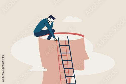 Psychology, mindset or thinking process, thought or imagination, wisdom or intelligence brain, solving problem or mental and emotional concept, contemplation thinking man climbing to sit on his brain.
