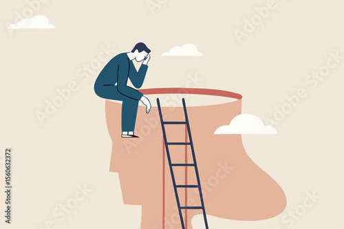 Psychology, mindset or thinking process, thought or imagination, wisdom or intelligence brain, solving problem or mental and emotional concept, contemplation thinking man climbing to sit on his brain.
