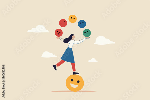 Emotional intelligence, control feeling or emotion, psychology to be success or balance of anxiety and happiness concept, cheerful woman balance on smiling face juggling expression emotional faces.