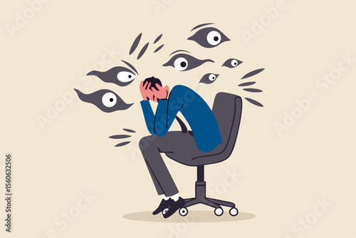 Paranoia, fear and panic cause by mental health, phobia or disorder from mental disorder, depression from stress and anxiety concept, paranoia businessman sitting on a chair with creepy hand and eyes.