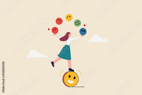 Emotional intelligence, control feeling or emotion, psychology to be success or balance of anxiety and happiness concept, cheerful woman balance on smiling face juggling expression emotional faces.