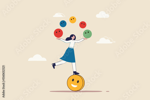Emotional intelligence, control feeling or emotion, psychology to be success or balance of anxiety and happiness concept, cheerful woman balance on smiling face juggling expression emotional faces.