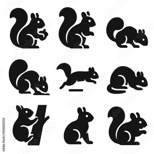 Squirrel Icon Grid. Solid, filled icon set of squirrel close-up actions: squirrel holding acorn, tail raised, sniffing ground,