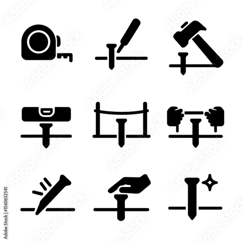 Stake Installation Icons. Solid, filled icon set of stake installation process: measuring tape, marking, hammering, leveling,
