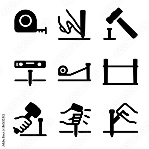 Stake Installation Icons. Solid, filled icon set of stake installation process: measuring tape, marking, hammering, leveling,