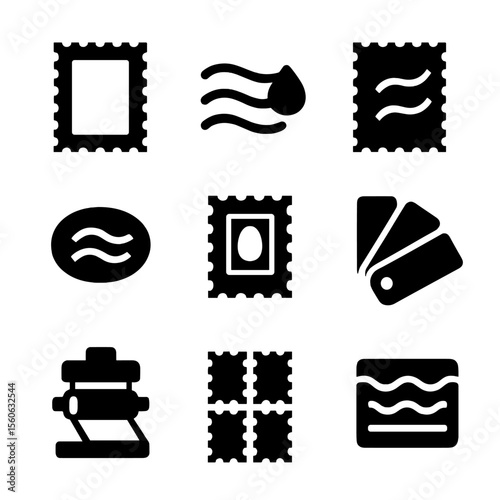 Stamp Design Icons. Solid, filled icon set of stamp perforation and design features: perforation holes, gum adhesive, watermark,