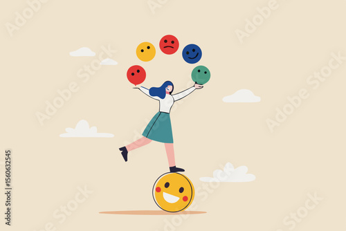 Emotional intelligence, control feeling or emotion, psychology to be success or balance of anxiety and happiness concept, cheerful woman balance on smiling face juggling expression emotional faces.