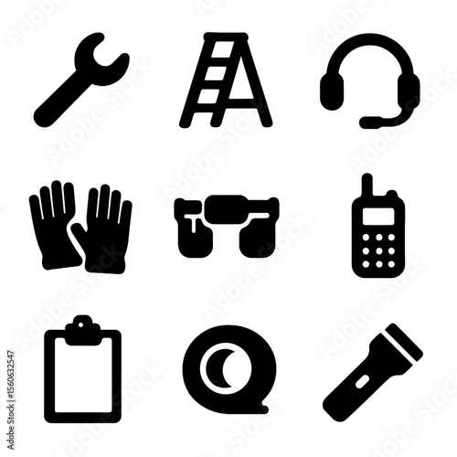 Stage Crew Tools Icons. Solid, filled icon set of stage crew tools: wrench, ladder, headset, gloves, tool belt, walkie talkie,