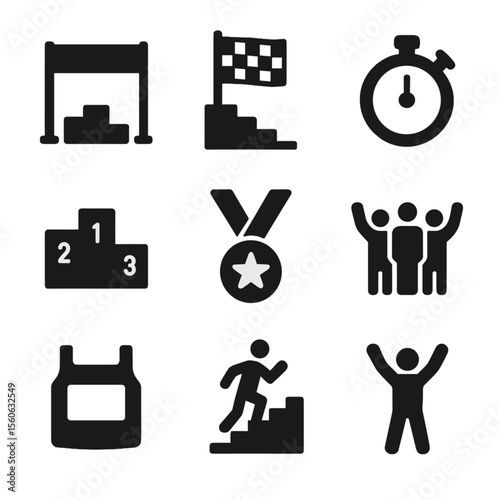 Stair Race Icons. Solid, filled icon set of stair sprint competition: starting line, finish flag, stopwatch, podium, medal,
