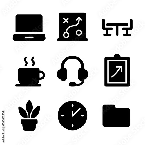 Startup Workspace Icons. Solid, filled icon set of startup workspace setup: laptop, brainstorming board, shared desk, coffee cup,