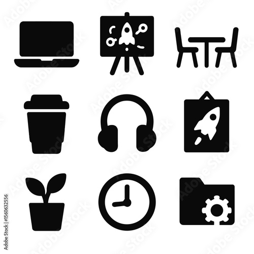 Startup Workspace Icons. Solid, filled icon set of startup workspace setup: laptop, brainstorming board, shared desk, coffee cup,