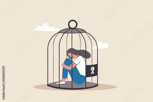 Stuck or trapped, fixed mindset or metal illness problem, anxiety or depression, solitude and loneliness, fear to get outside concept, depressed woman lock herself sit inside birdcage.
