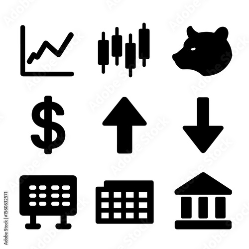 Stock Market Icon Set. Solid, filled icon set of stock market basics: stock chart, candlestick, bull icon, bear icon, dollar sign,