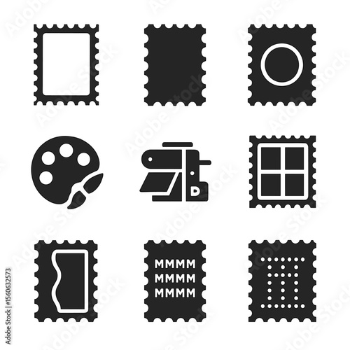 Stamp Design Icons. Solid, filled icon set of stamp perforation and design features: perforation holes, gum adhesive, watermark,