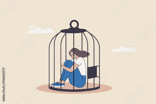 Stuck or trapped, fixed mindset or metal illness problem, anxiety or depression, solitude and loneliness, fear to get outside concept, depressed woman lock herself sit inside birdcage.
