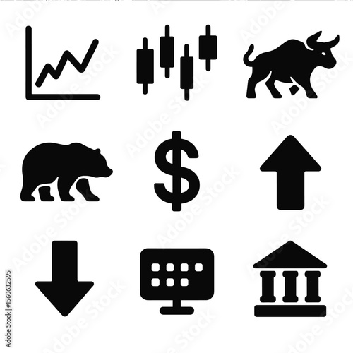 Stock Market Icon Set. Solid, filled icon set of stock market basics: stock chart, candlestick, bull icon, bear icon, dollar sign,